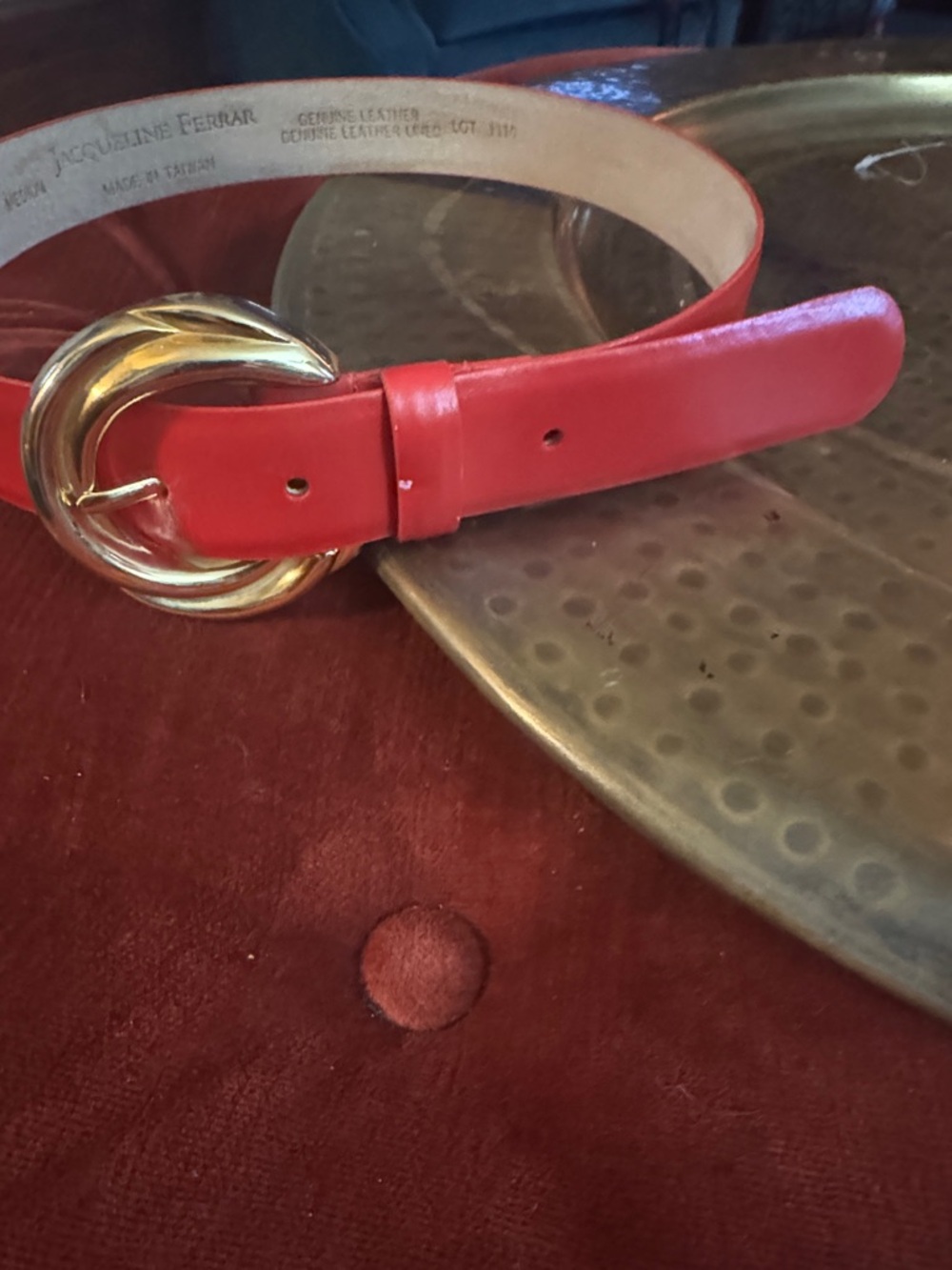 Jacqueline Ferrar Red Leather Belt with Gold Double-Ring Buckle